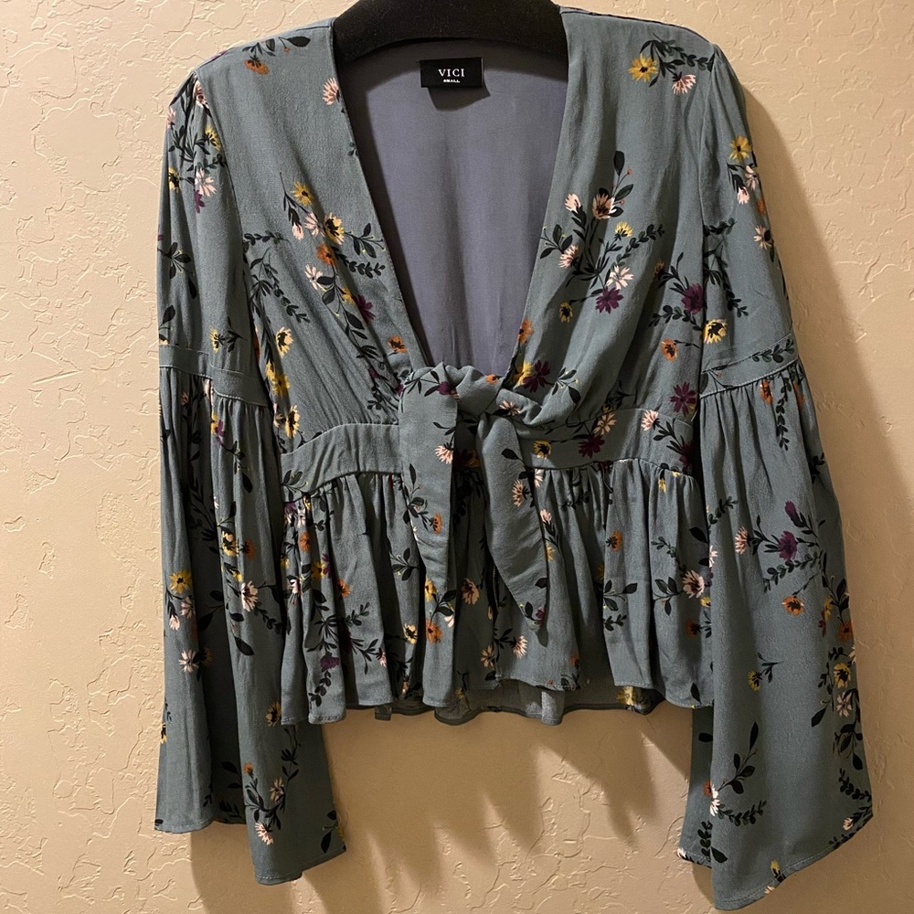 Vici Floral Long Bell Sleeve Tie Up Blouse